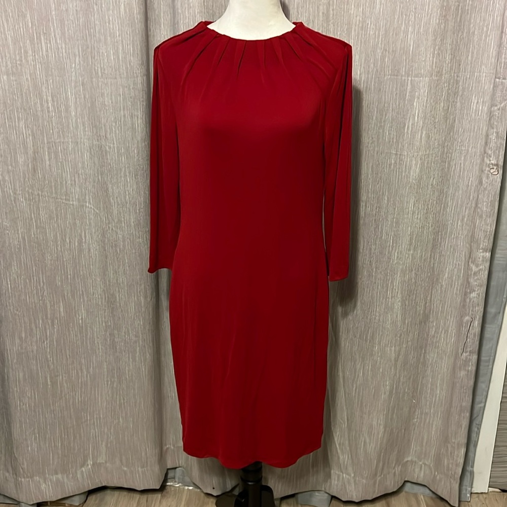 Long sleeve red dress s with pockets and small box pleats on collar